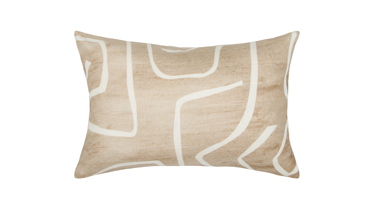 A rectangular beige cushion with abstract white line patterns