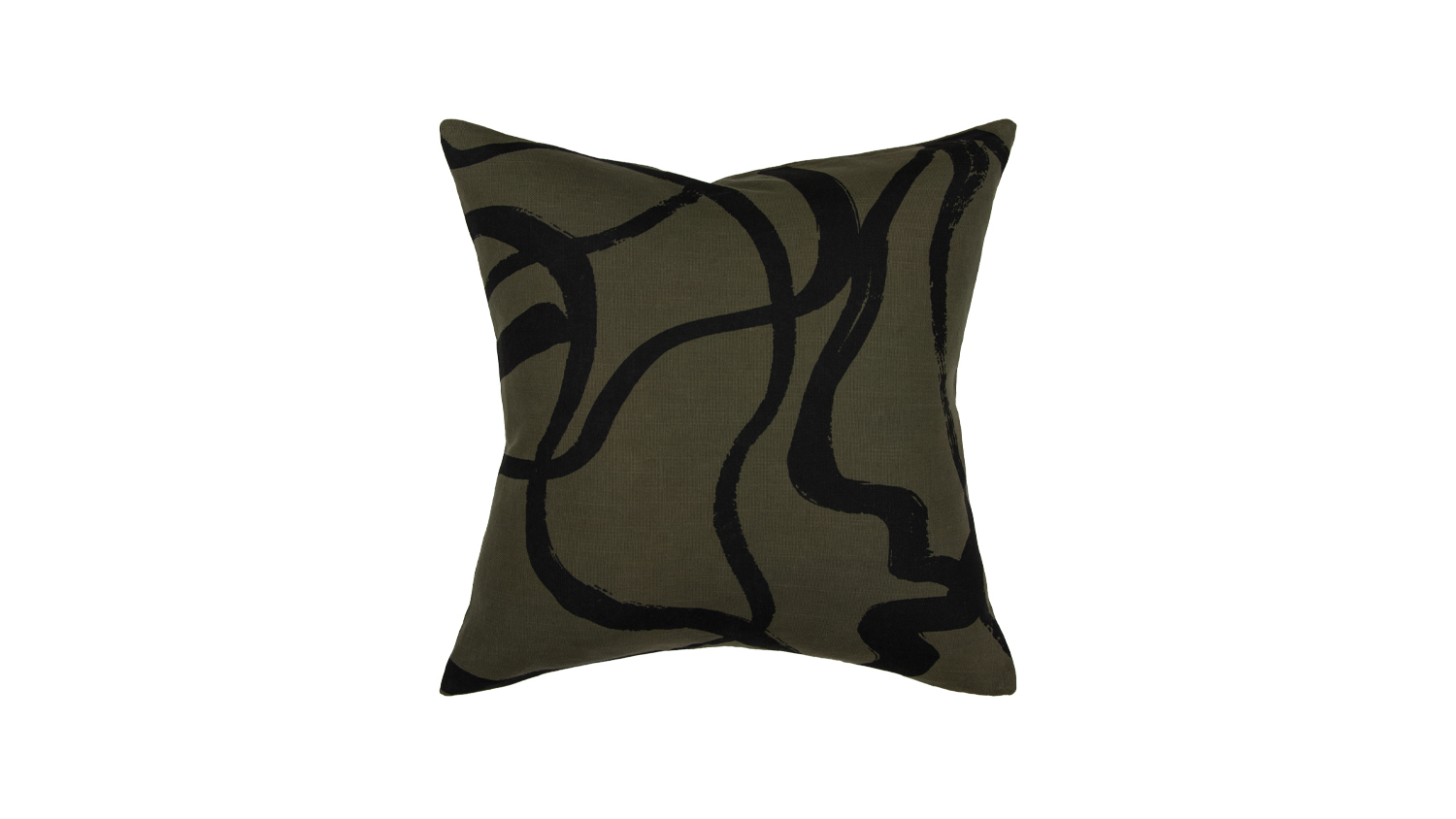 A square throw pillow with an abstract black line design