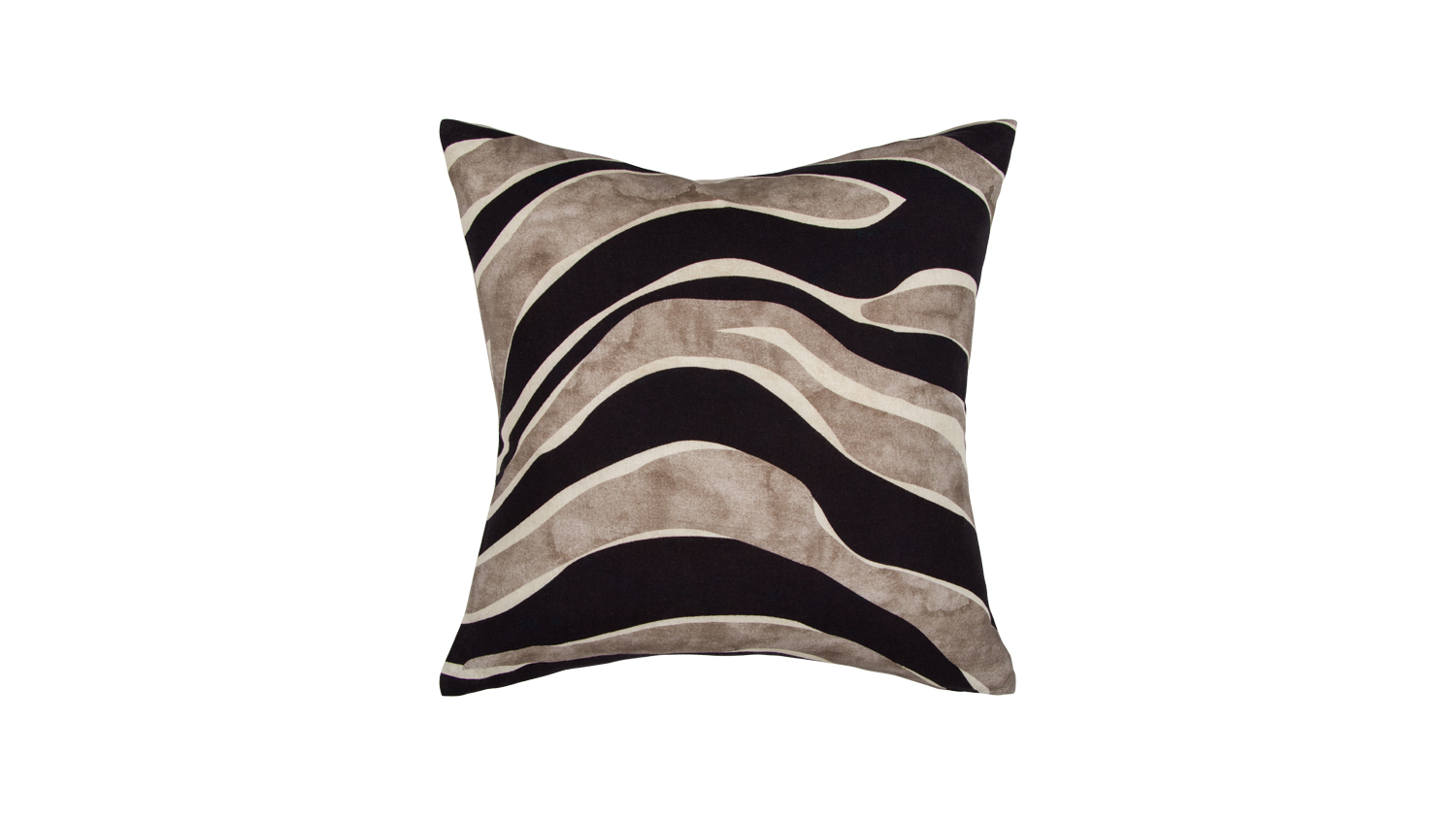 A square decorative pillow with a black and beige wavy zebra-like pattern