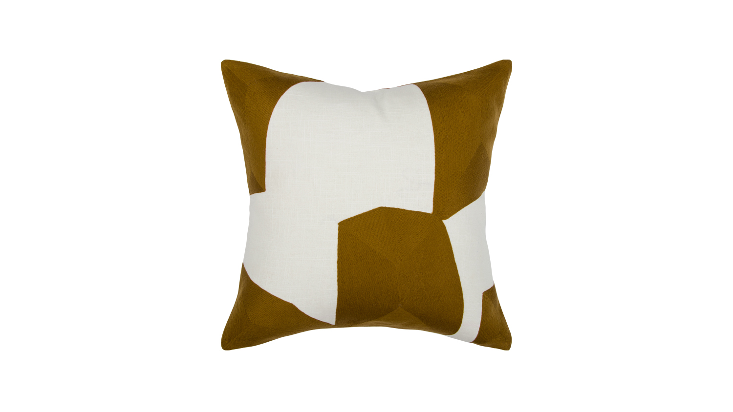 A square throw pillow with an abstract design in white and mustard yellow geometric shapes