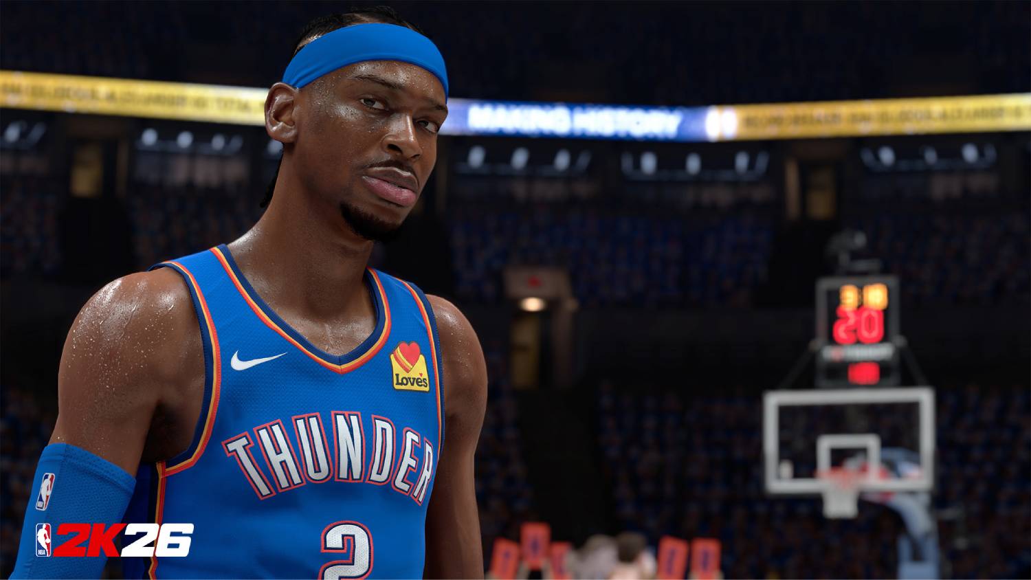 Thunder player in blue jersey number 2 stands on the court, scoreboard shows 3:10 and 20, NBA 2K26 logo