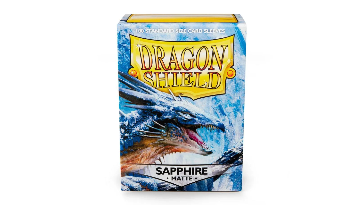 A blue box of Dragon Shield card sleeves featuring a fierce, blue dragon