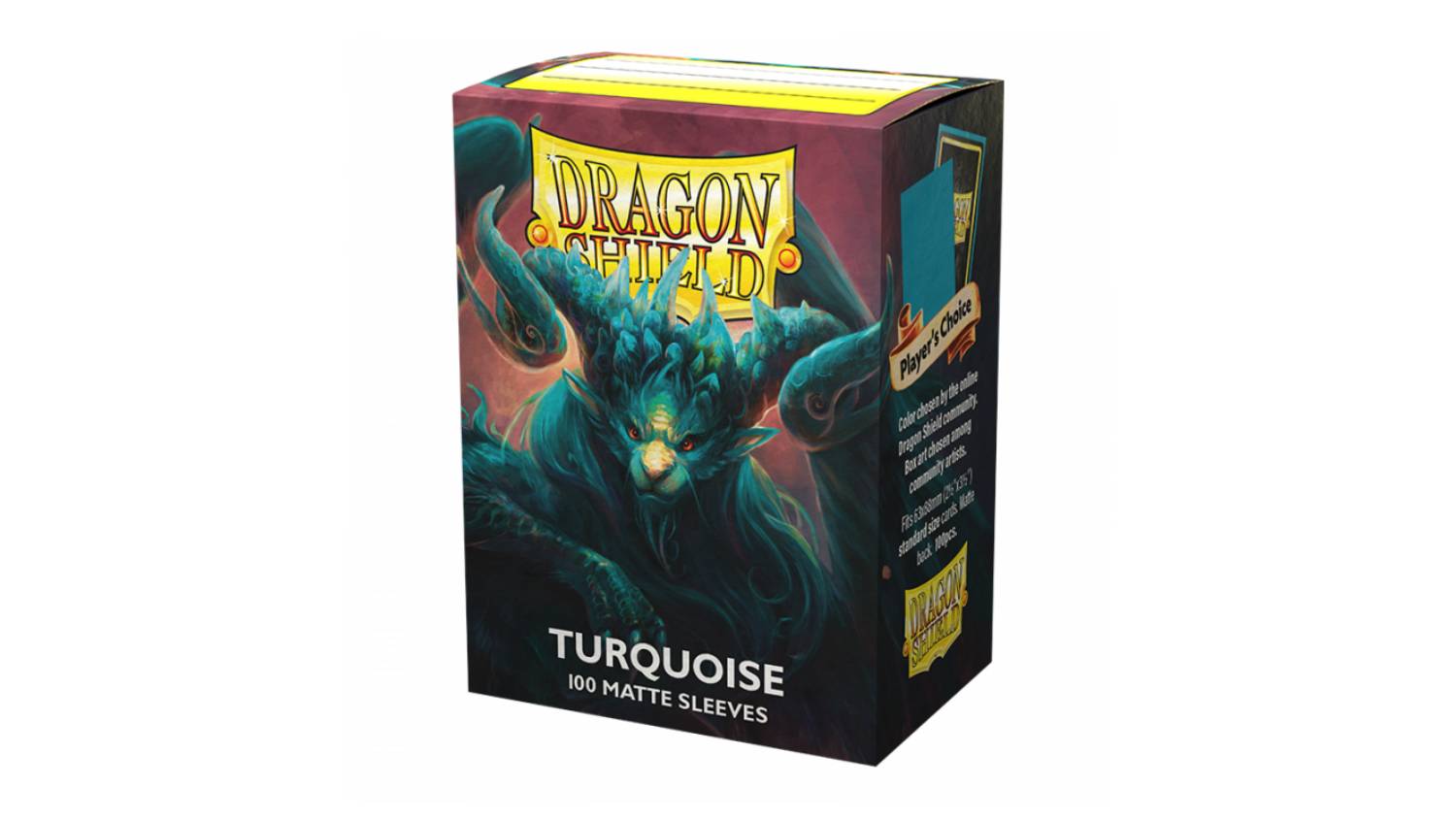 A box containing 100 Dragon Shield protective card sleeves in matte turquoise colour.