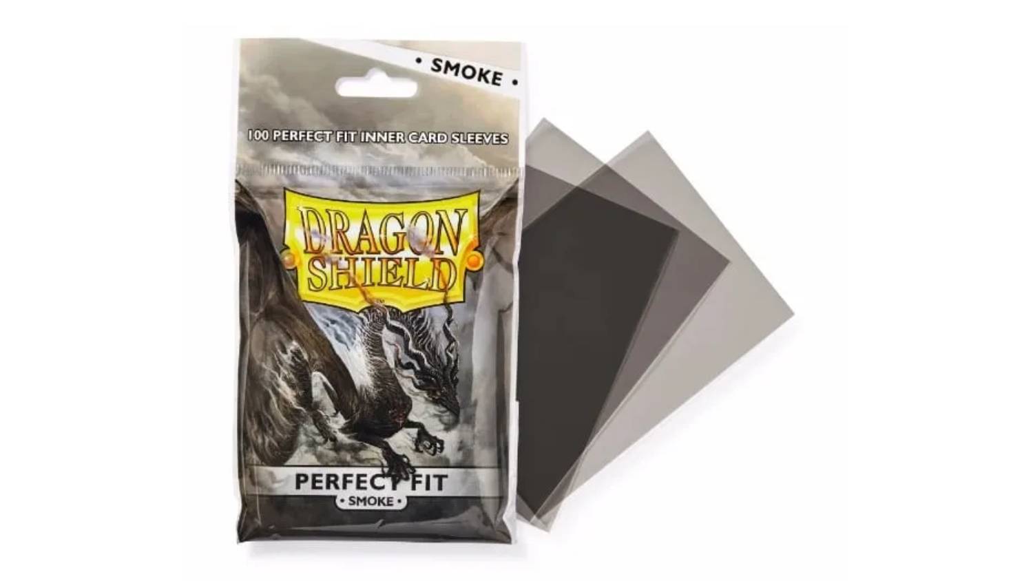 A pack of 100 Dragon Shield Perfect Fit smoke inner card sleeves.