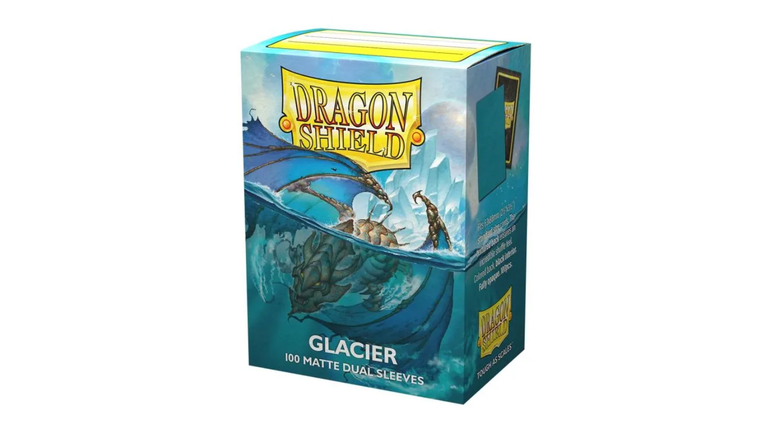 A box of Dragon Shield card sleeves featuring a blue dragon rising from icy waters with icebergs.