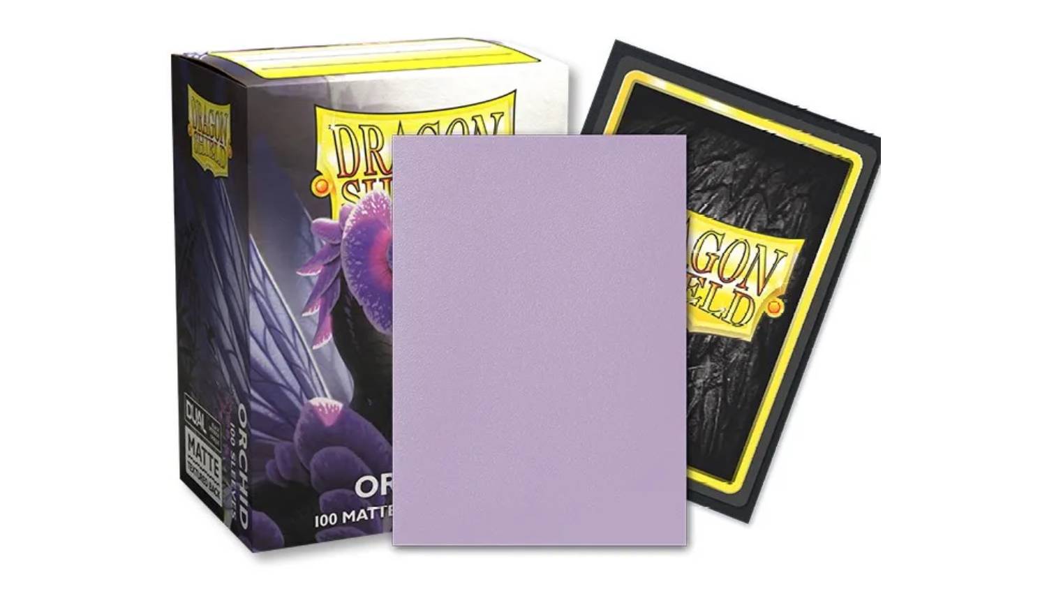 A box containing 100 Dragon Shield protective card sleeves in Two-Tone Matte Orchid.
