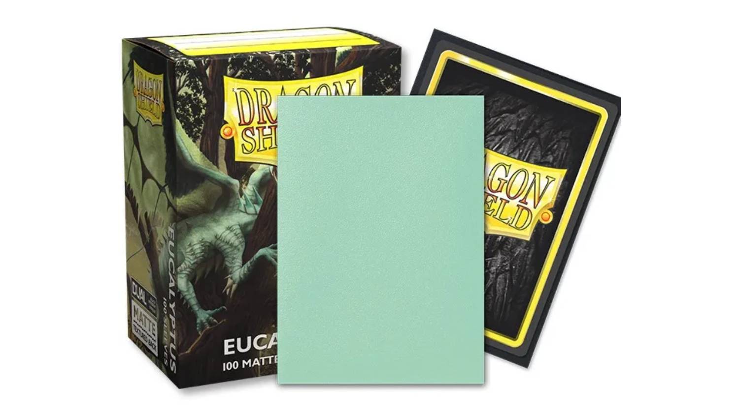 A box containing 100 Dragon Shield protective card sleeves in Two-Tone Matte Eucalyptus.