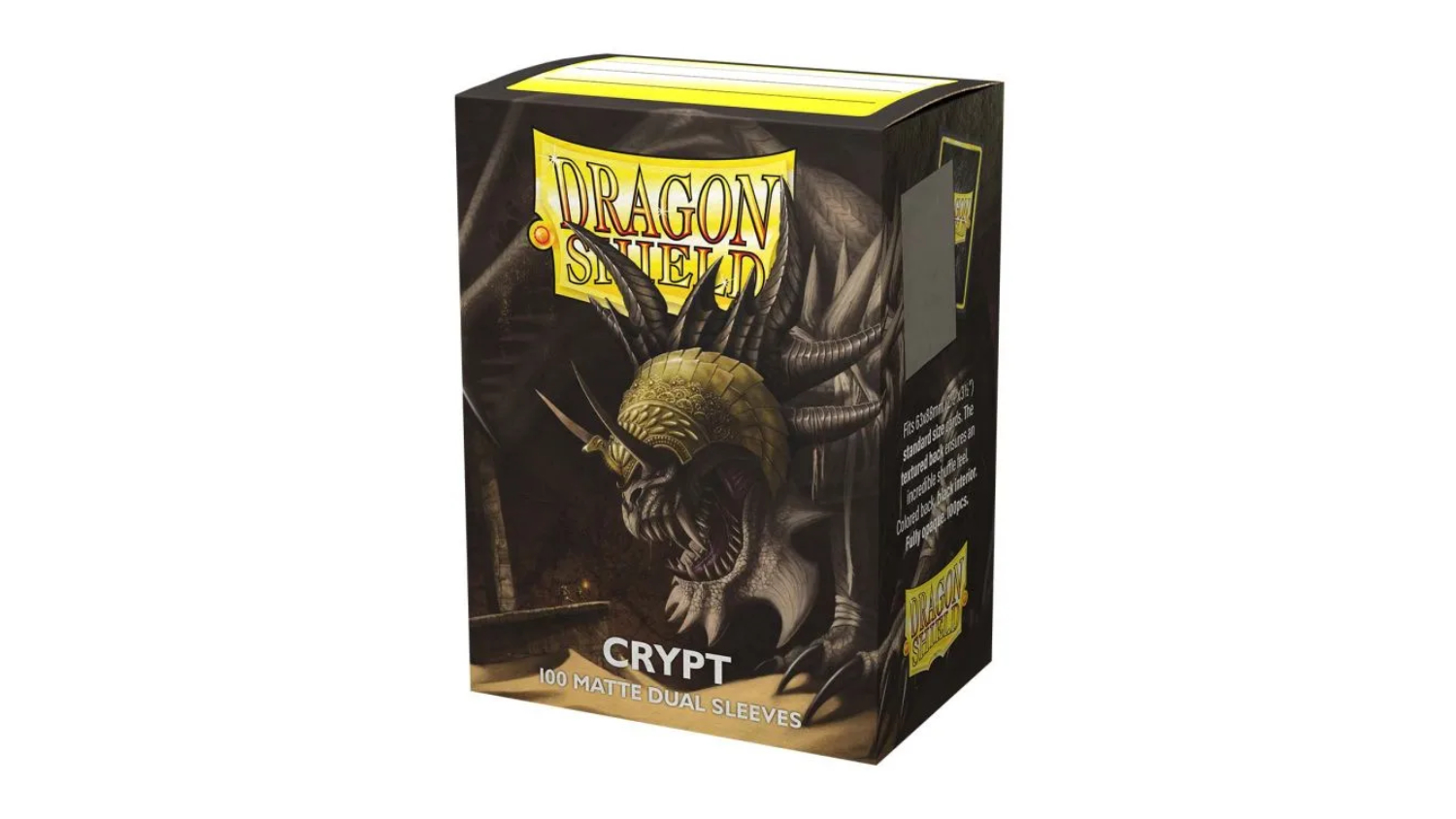 A box of Dragon Shield card sleeves featuring a fierce black-scaled dragon wearing a golden helmet.