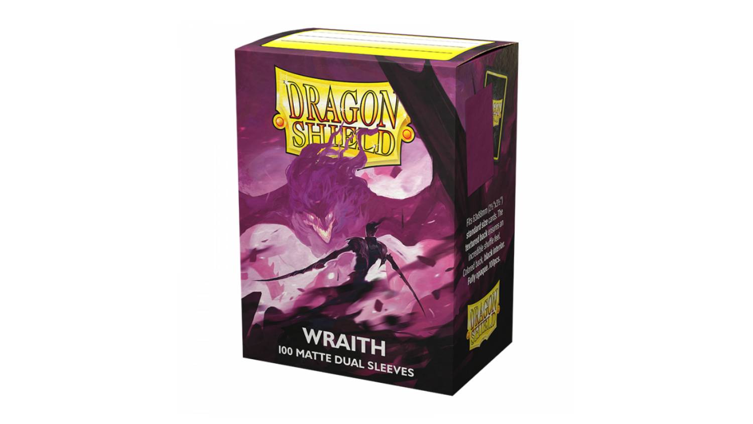 A box containing 100 Dragon Shield protective card sleeves in two-tone matte purple colour.
