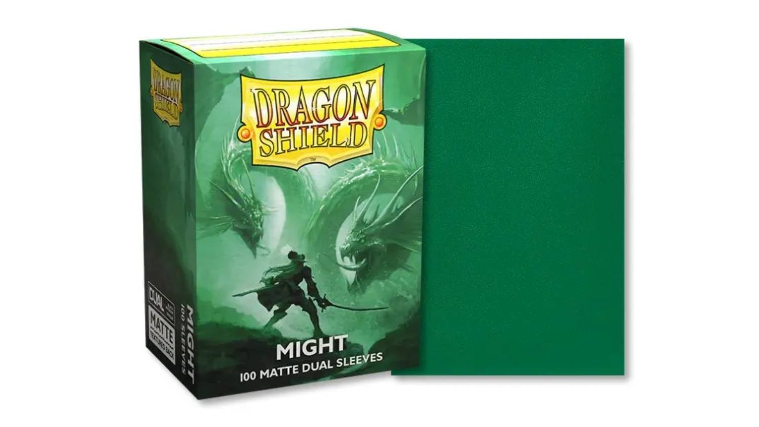 A box containing 100 Dragon Shield protective card sleeves in two-tone matte green colour.