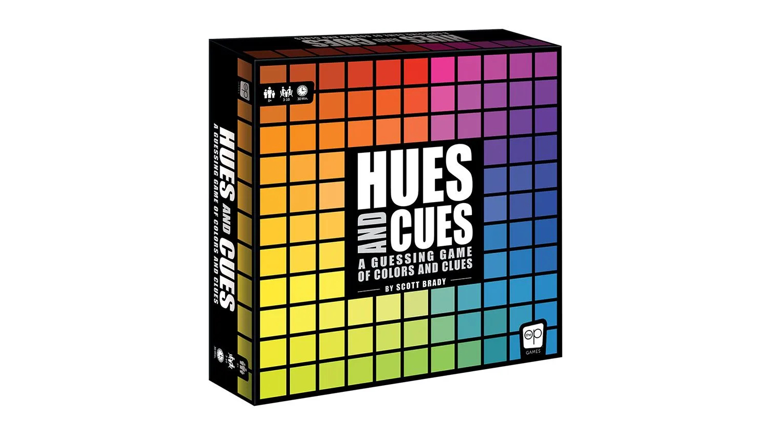Hues and Cues board game box with colourful grid design and title by Scott Brady