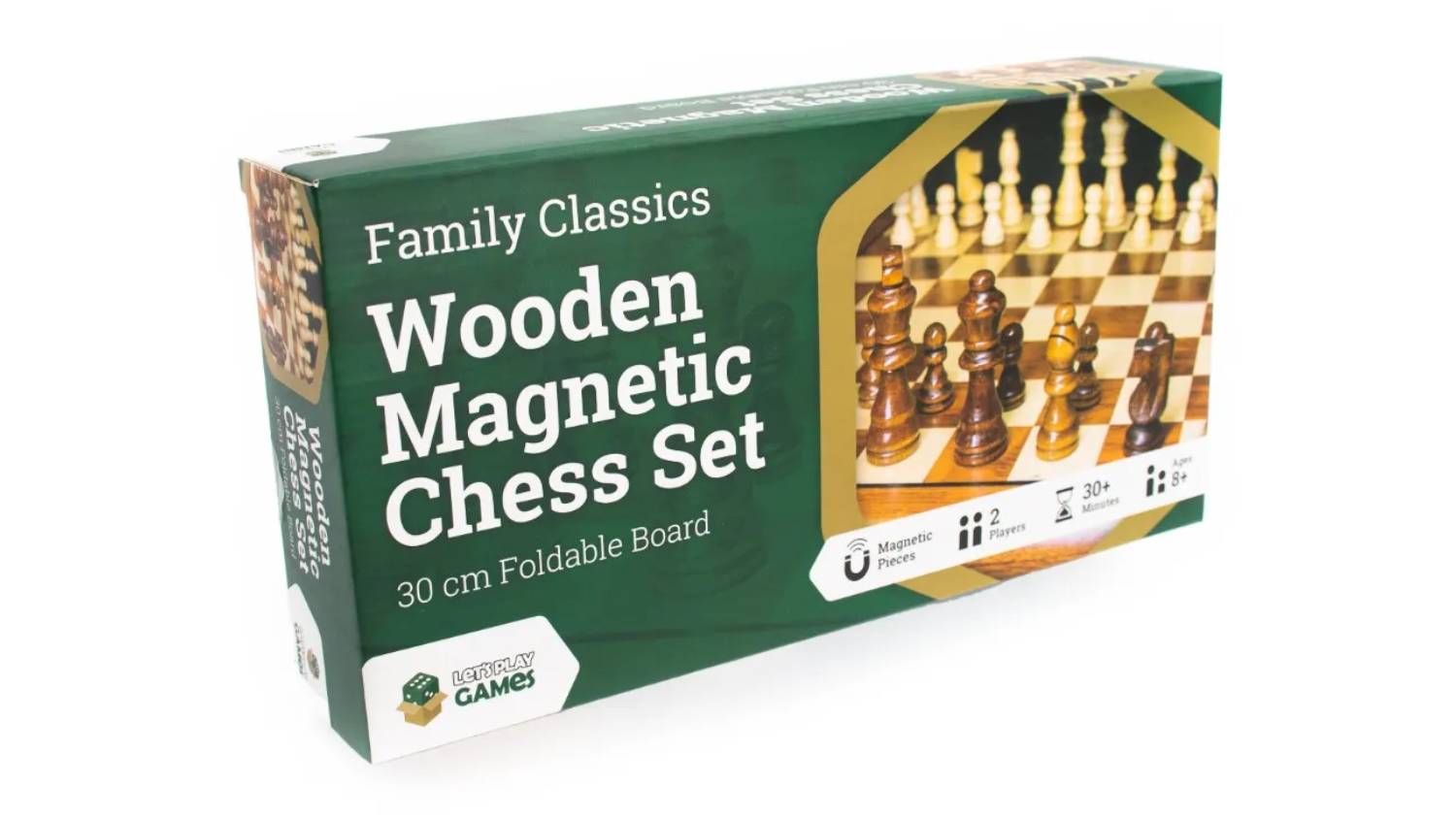 A box of wooden travel chess set, 30cm.