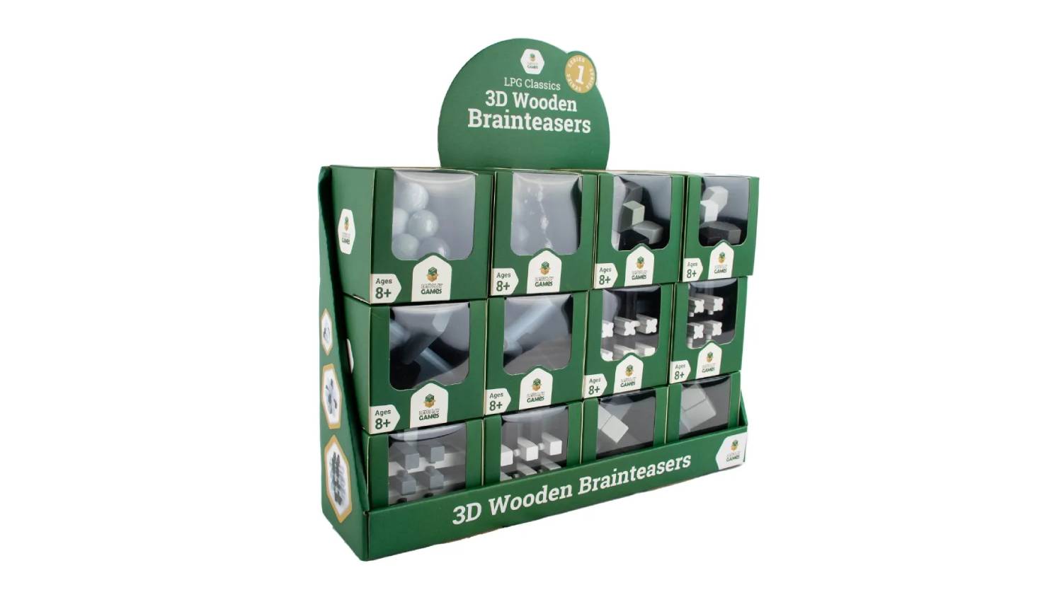 A set of brainteasers and assorted puzzles displayed in green packaging.