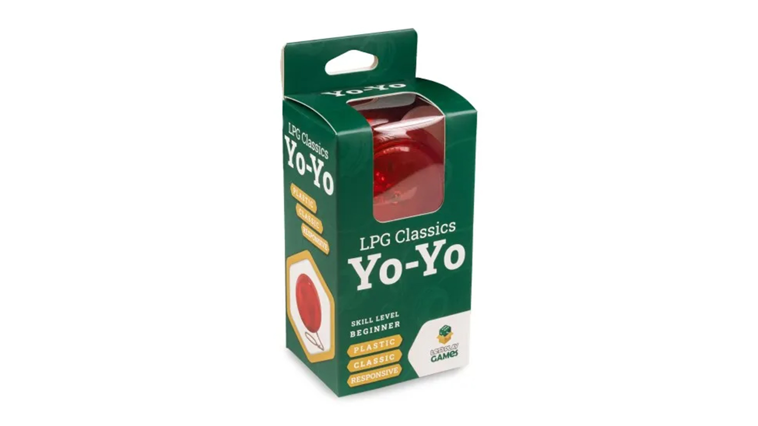 A green box labelled LPG Classics Yo-Yo with a red plastic yo-yo visible through a transparent window