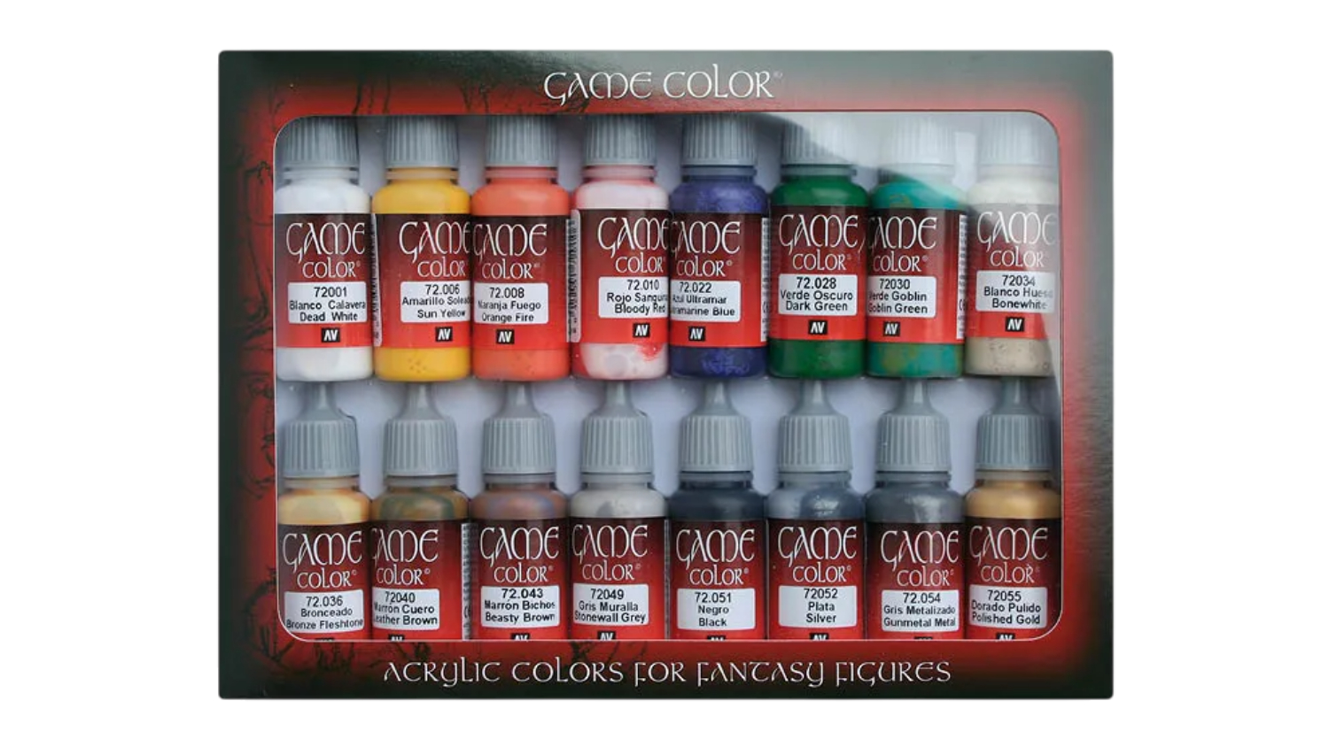 A boxed 16-piece set of the Vallejo Game Colour Miniature Paints.