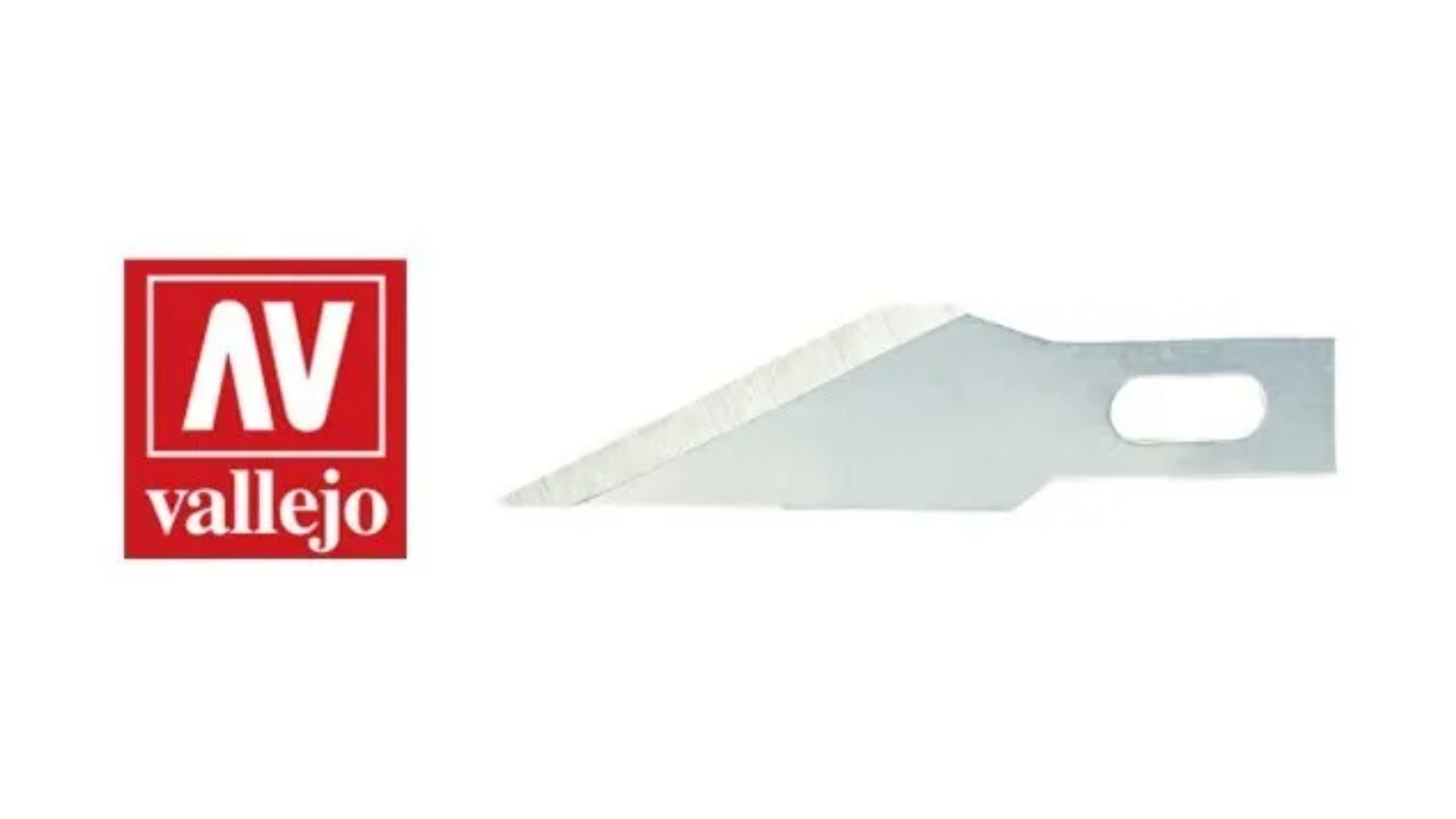 Vallejo logo on the left and a metal craft knife blade with a sharp edge on the right.