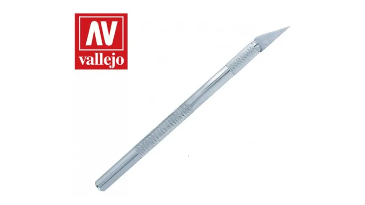 Vallejo hobby knife with a sharp blade and textured handle, logo in the top left corner.
