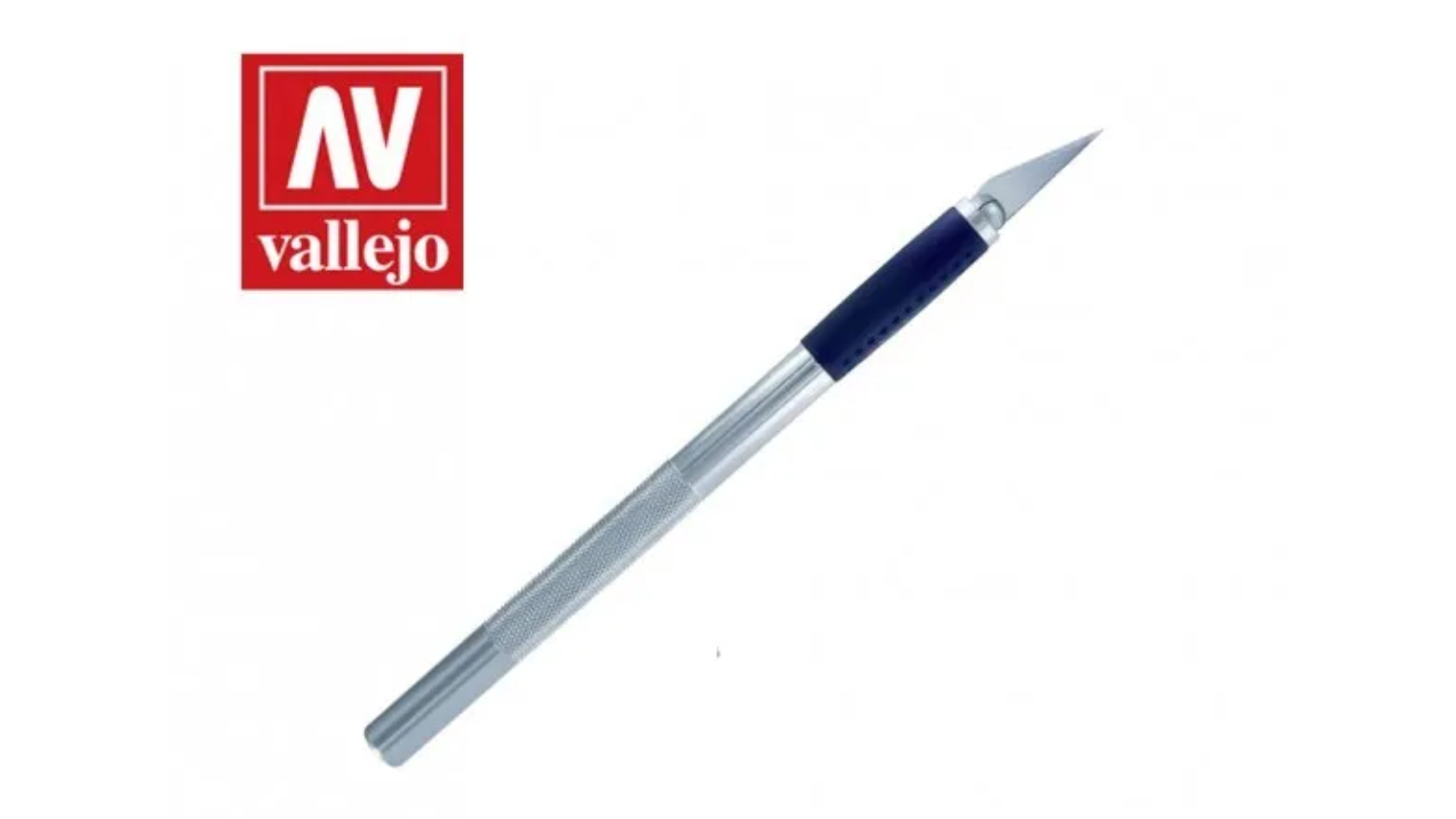 Vallejo hobby knife with silver handle, black grip, sharp blade, and Vallejo logo in the top left corner.