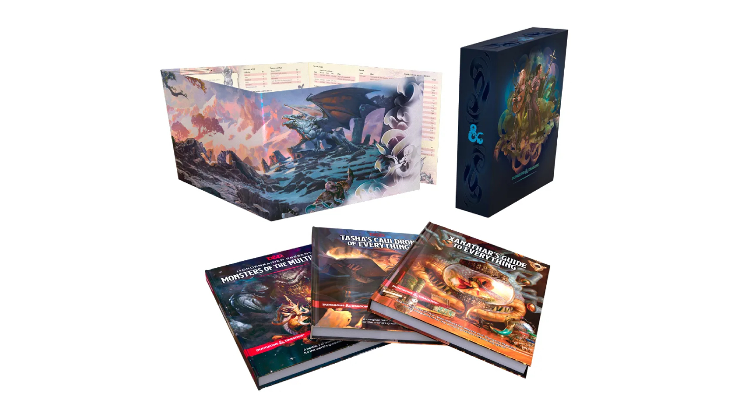 D&D books and DM screen with dragon art, including Monsters of the Multiverse, Tasha's Cauldron, and Xanathar's Guide