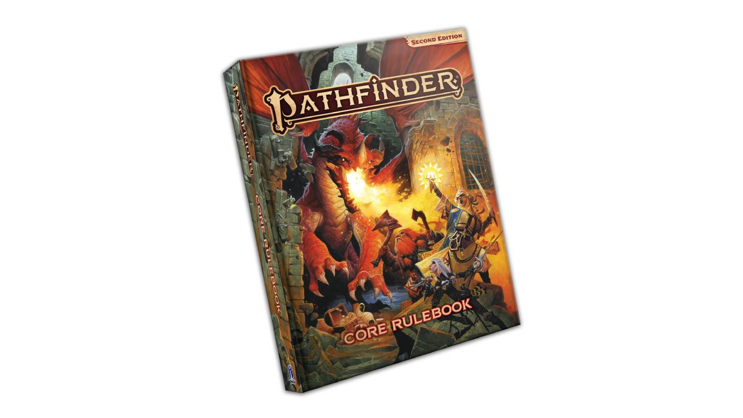 A Pathfinder Core Rulebook (Second Edition) with a cover that shows adventurers battling a red dragon in a dungeon.