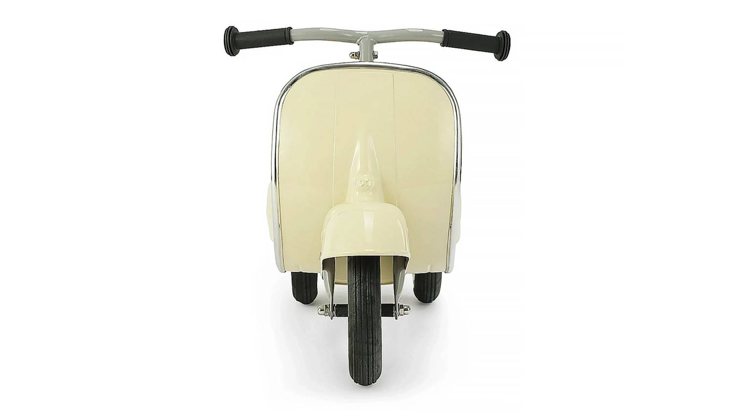 A front view of a cream-coloured Ambosstoys Primo Ride-On Scooter with black handlebars