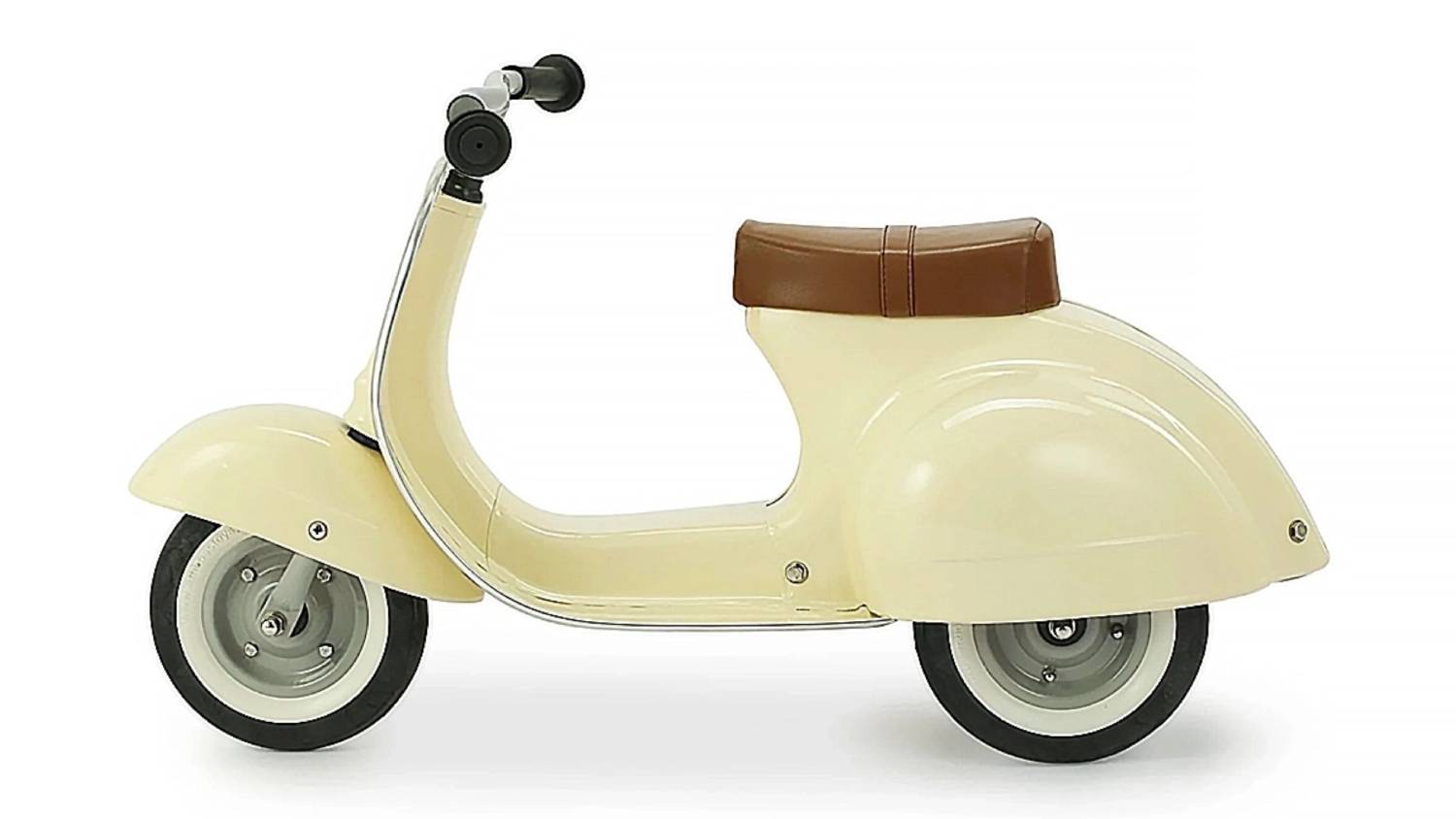 A side view of the cream-coloured Primo Scooter showing its brown seat and dual rear wheels