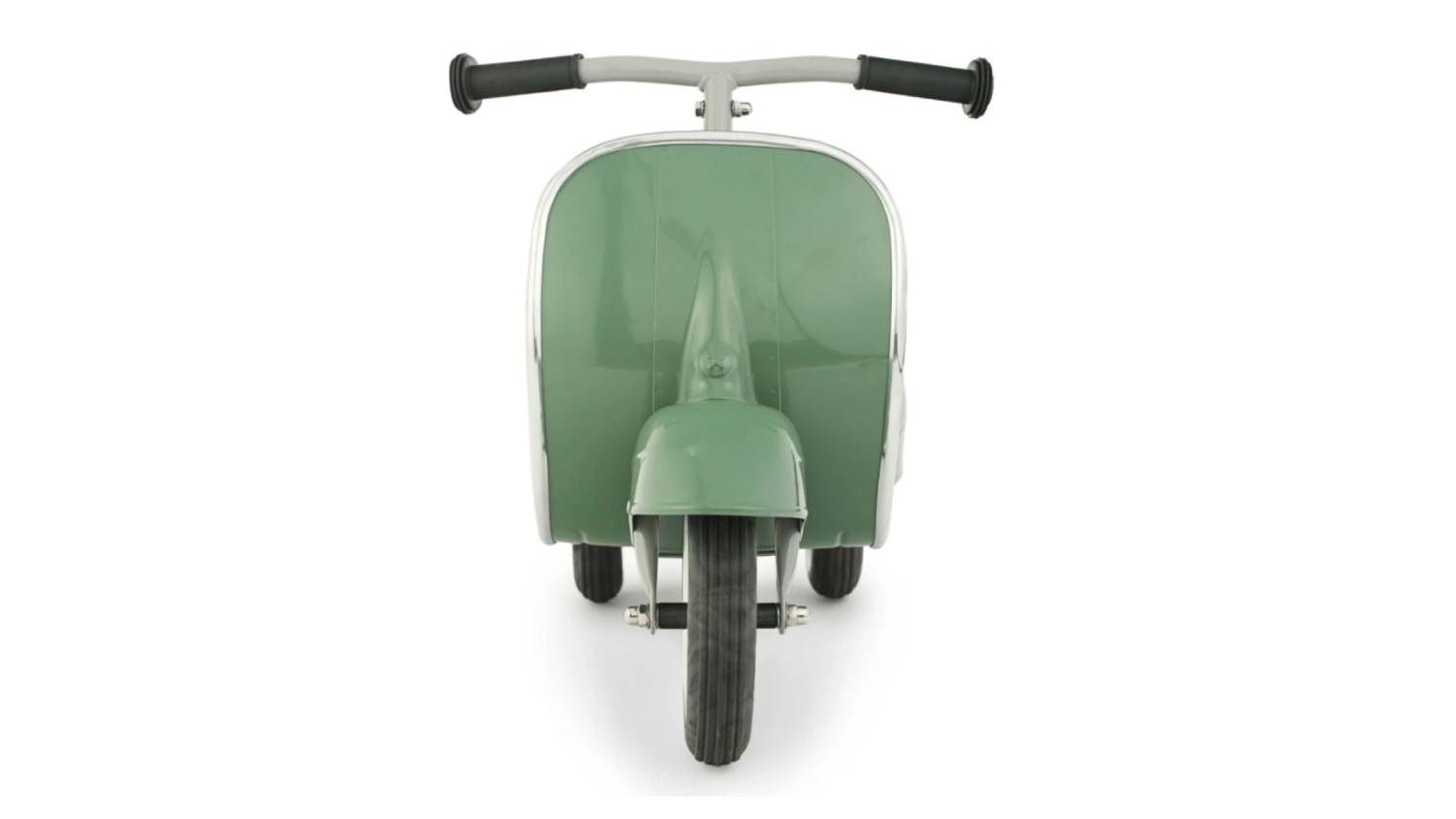 A front view of a green-coloured Ambosstoys Primo Ride-On Scooter with black handlebars