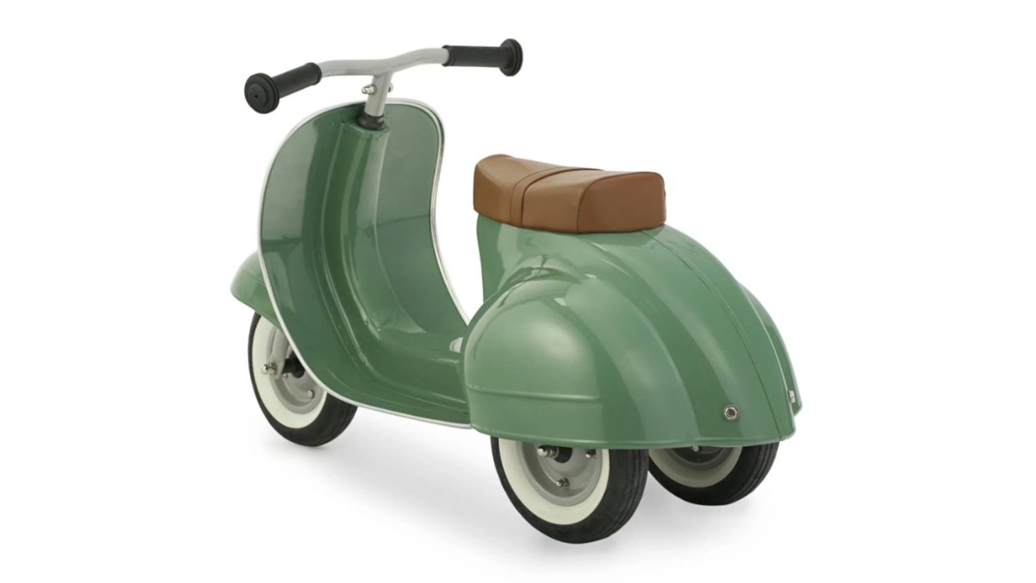 A rear-side angle of a green Primo Ride-On Scooter with a brown seat and two rear wheels