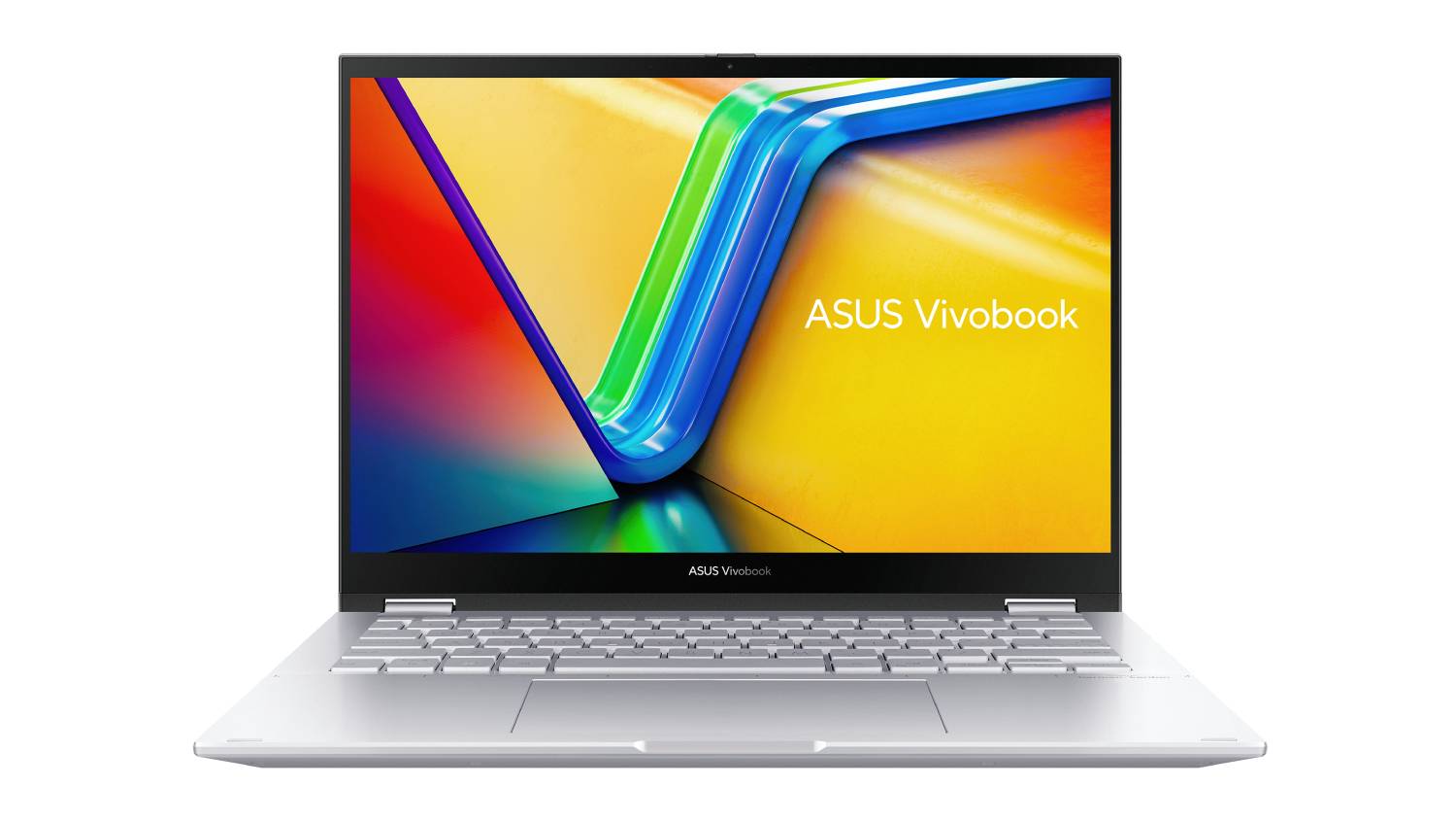 A front view of an open ASUS Vivobook silver laptop.