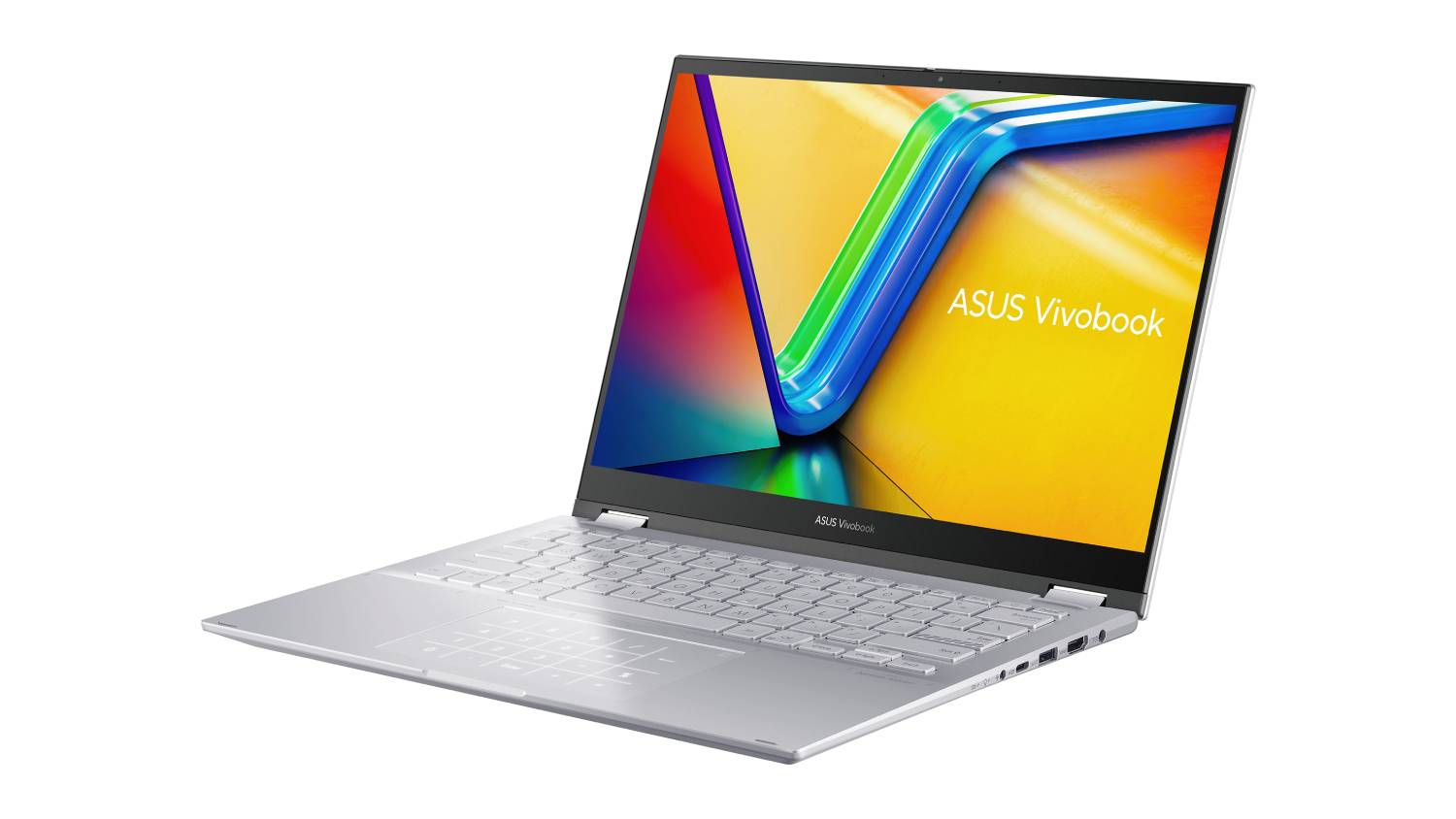 A right-angled view of the open Vivobook showing screen and keyboard.