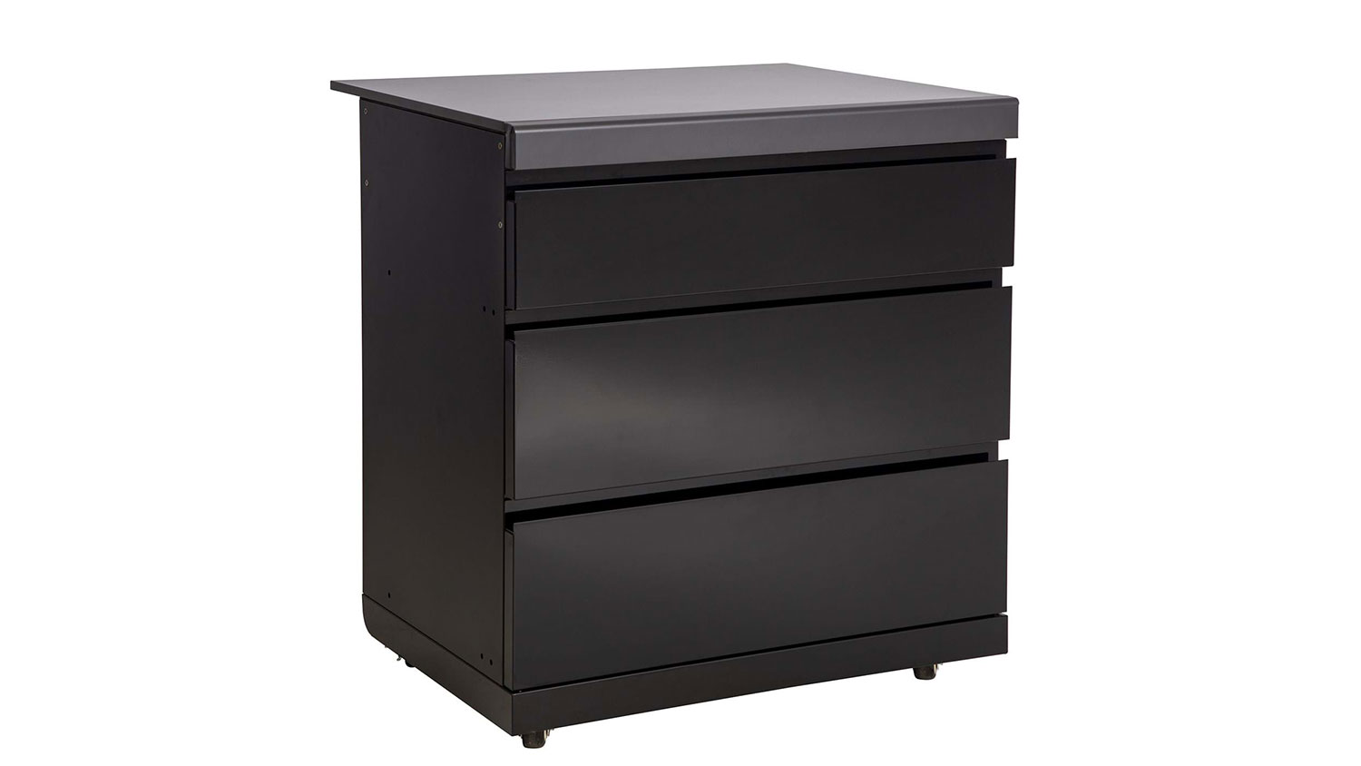 An angled-view of a black BBQ 3-drawer module
