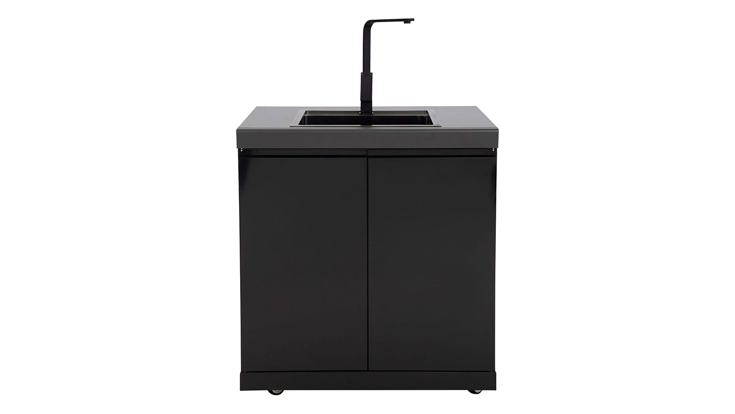 Front view of a BBQ module, comprising a sink, bin, and storage