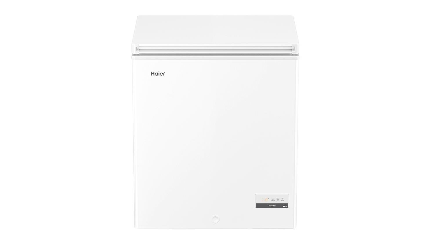 A white chest freezer with the Haier logo and a digital control panel on the bottom right corner