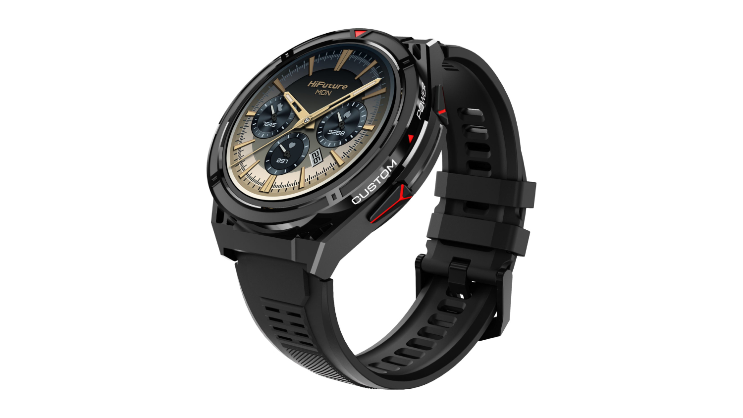A black and red HiFuture smartwatch with a round face and black strap.