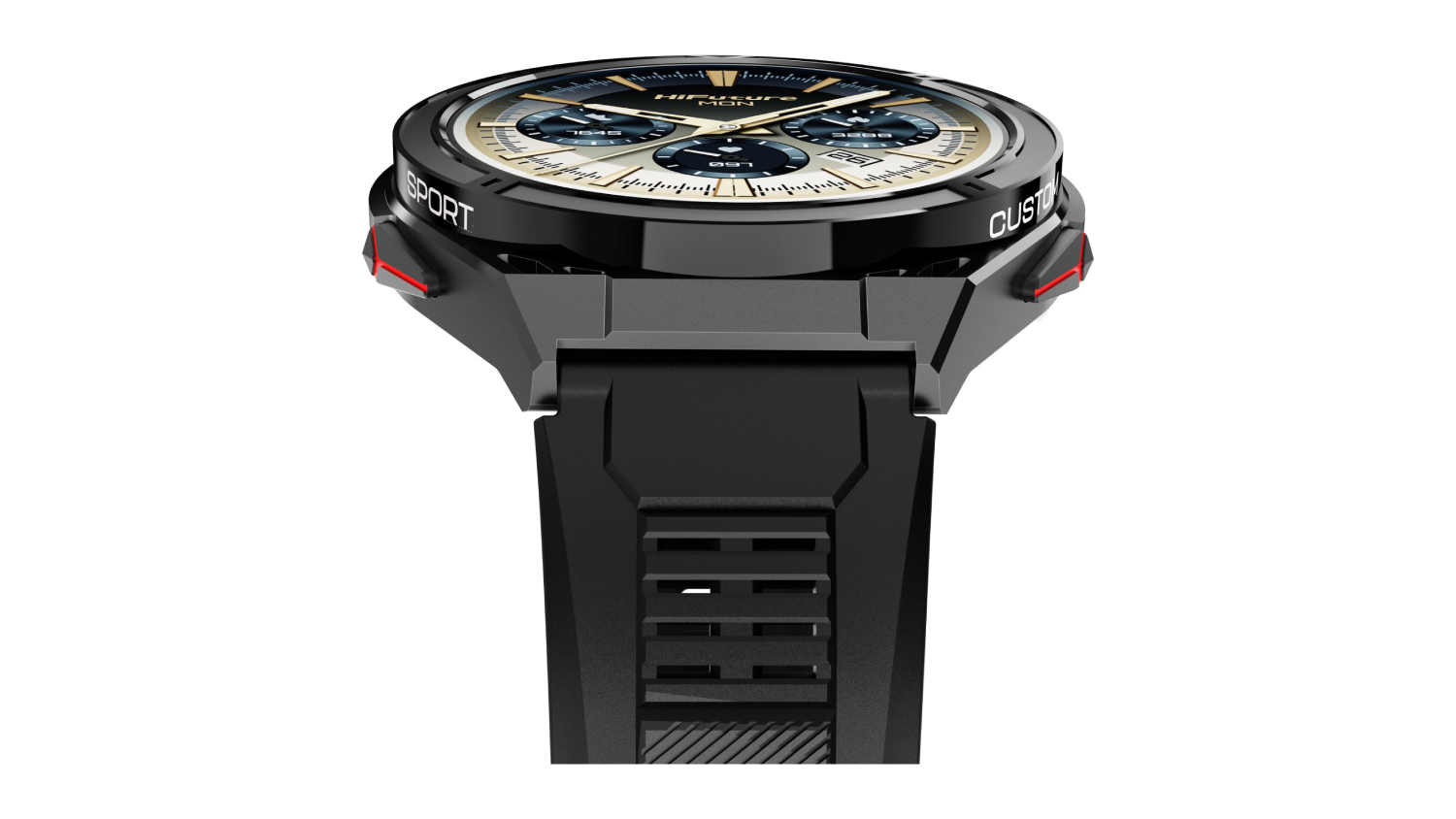 Close-up of a wristwatch with a black strap and bezel.