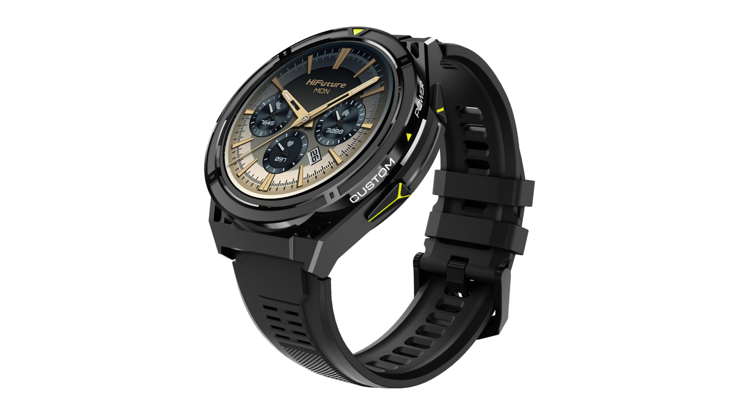 A black and yellow HiFuture smartwatch with a round face and black strap.