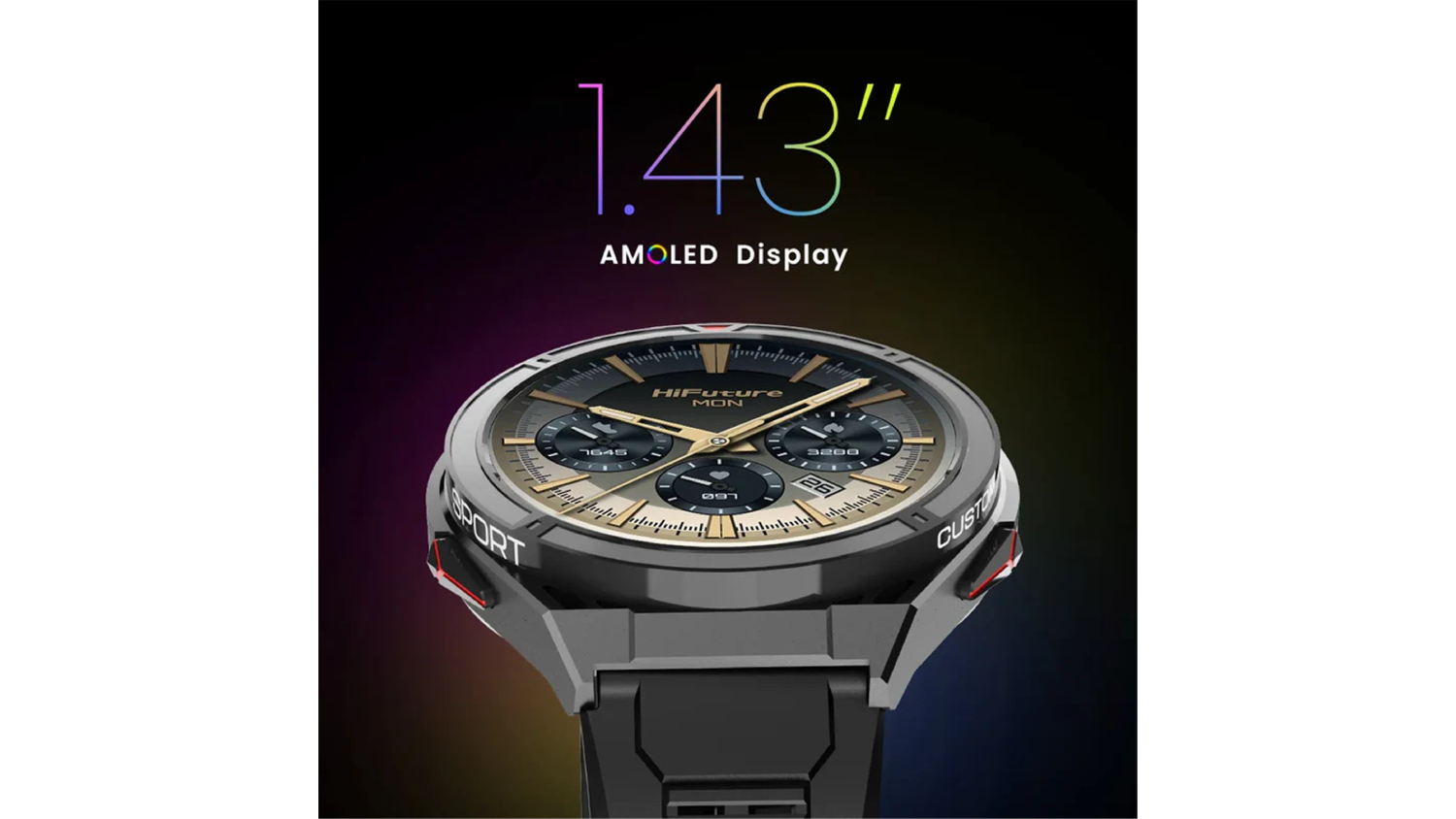 Smartwatch with a 1.43-inch AMOLED display shown against a dark surface.