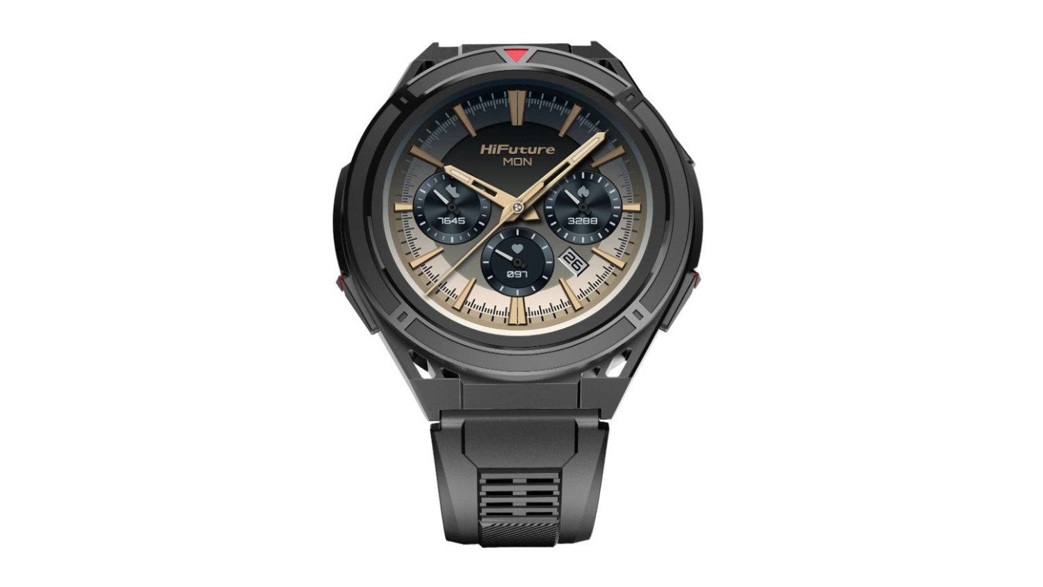 A titanium HiFuture smartwatch with a round face and black strap.