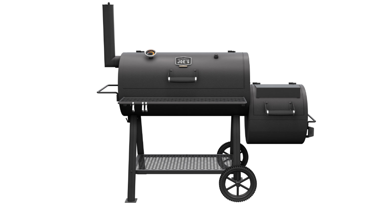 A closed front facing view of the Oklahoma Joe's Highland Offset Smoker