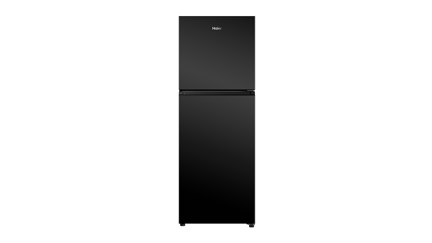 Front view of a black Haier Top Mount Fridge Freezer