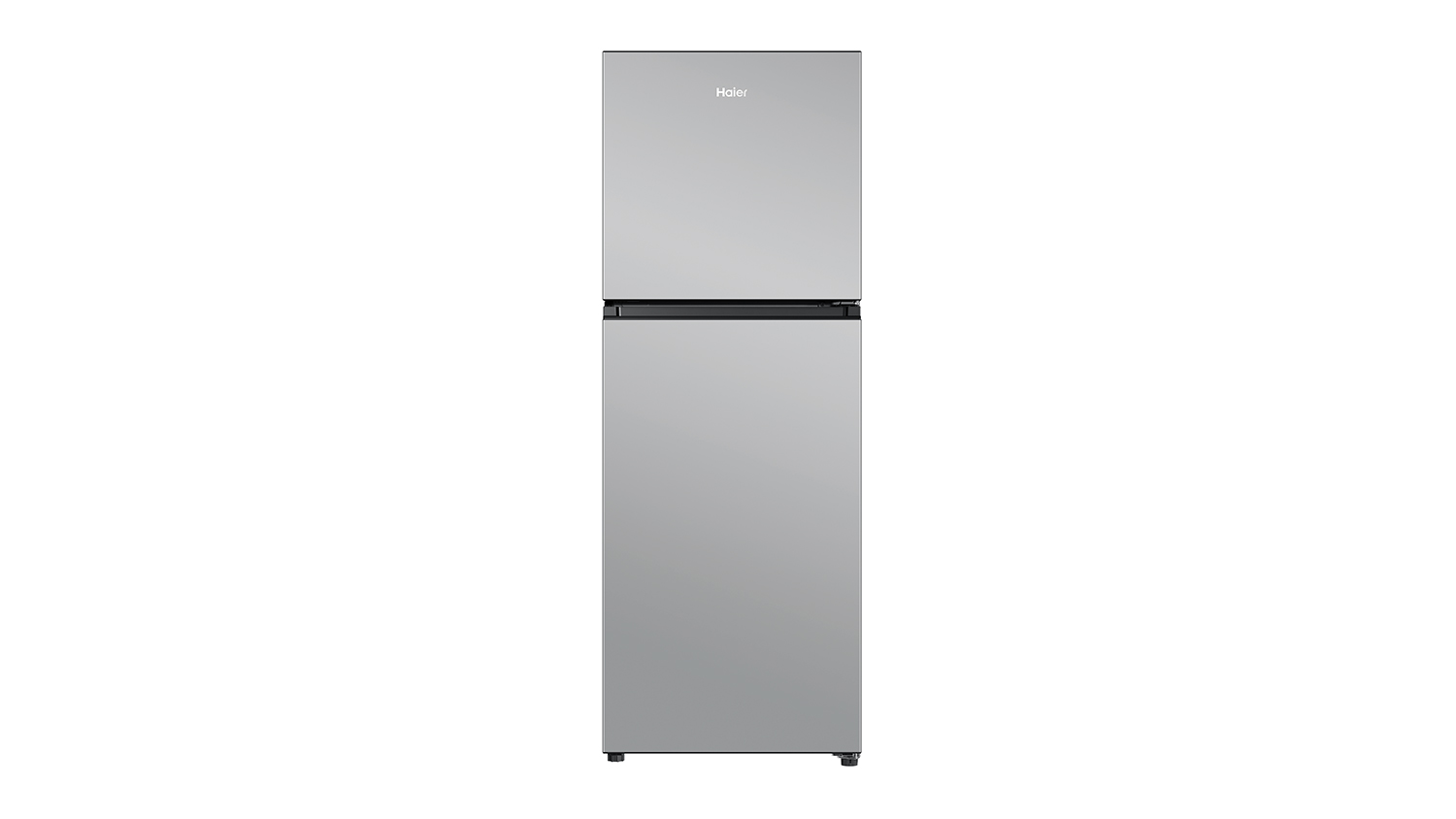 Front view of a silver Haier Top Mount Fridge Freezer