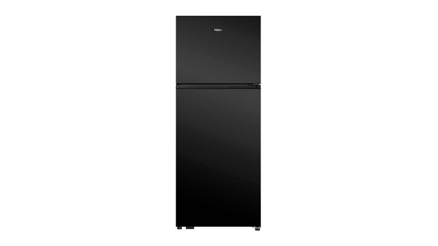 A closed black Haier fridge with top freezer and bottom fridge compartments