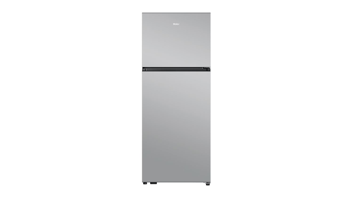 A closed silver Haier fridge with top freezer and bottom fridge compartments