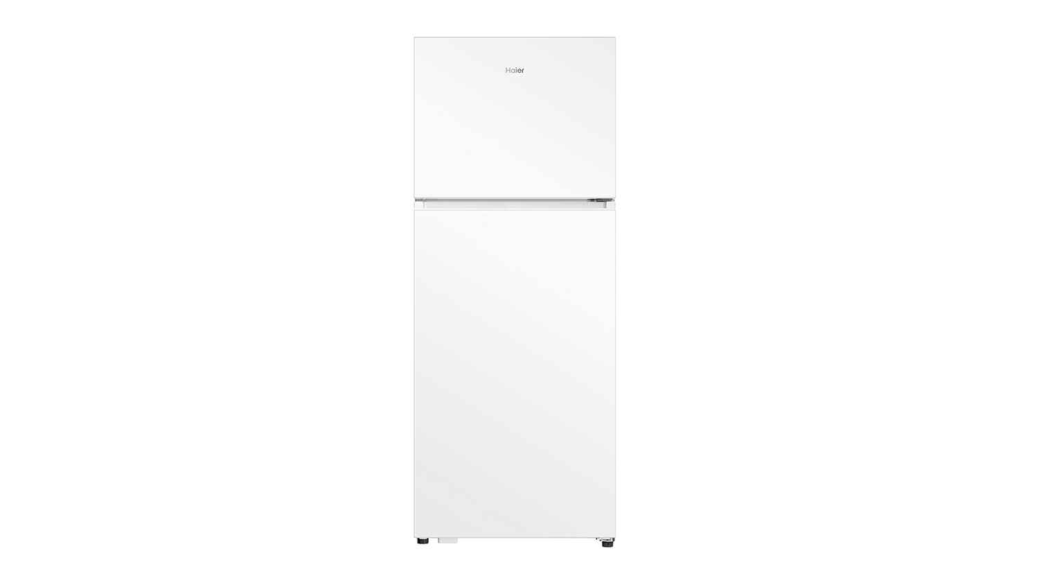 A closed white Haier fridge with top freezer and bottom fridge compartments