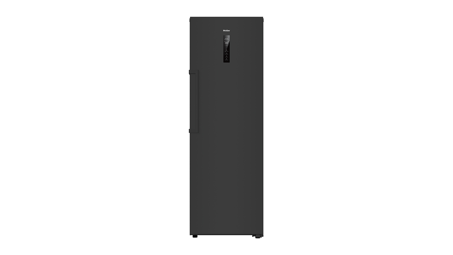 A sleek black vertical fridge/freezer with its external LED display
