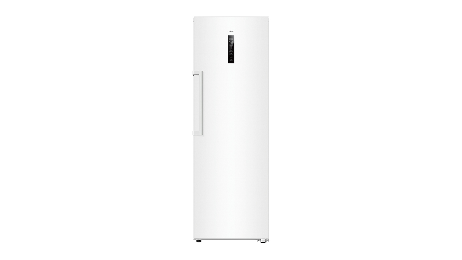 A sleek white vertical fridge/freezer with its external LED display