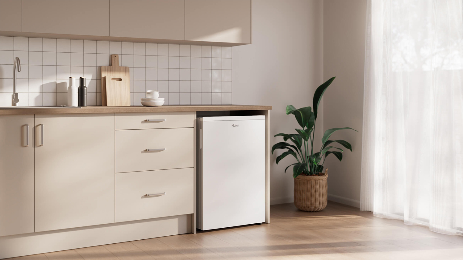 A white freezer in a minimalist kitchen setup