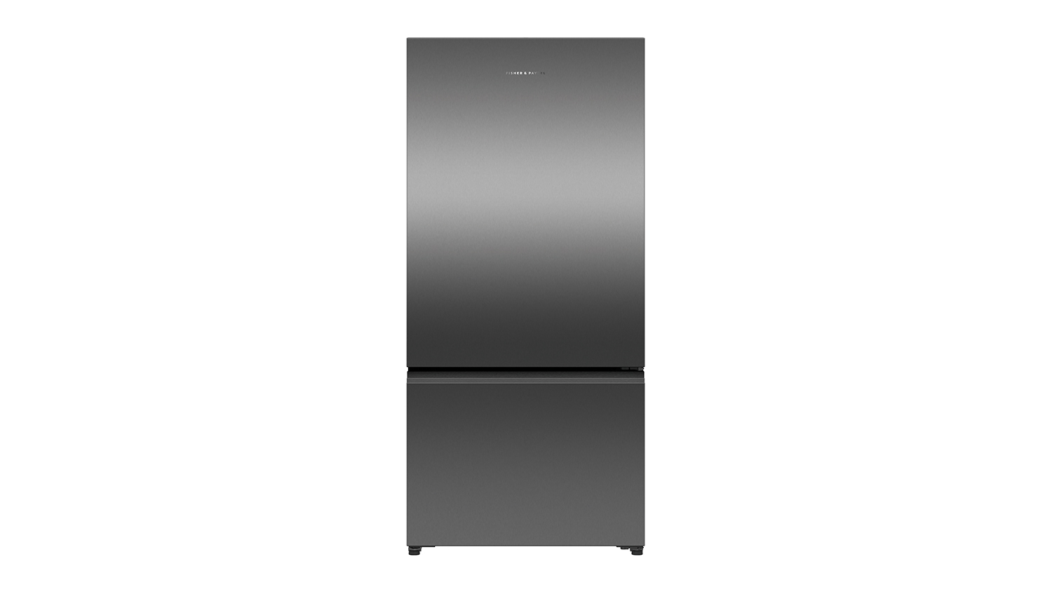 A sleek, black Fisher & Paykel fridge featuring a bottom freezer drawer