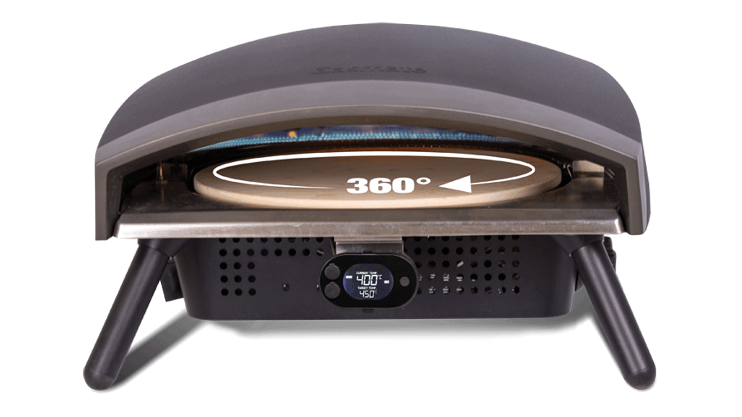 A slightly angled view of a black, portable pizza oven