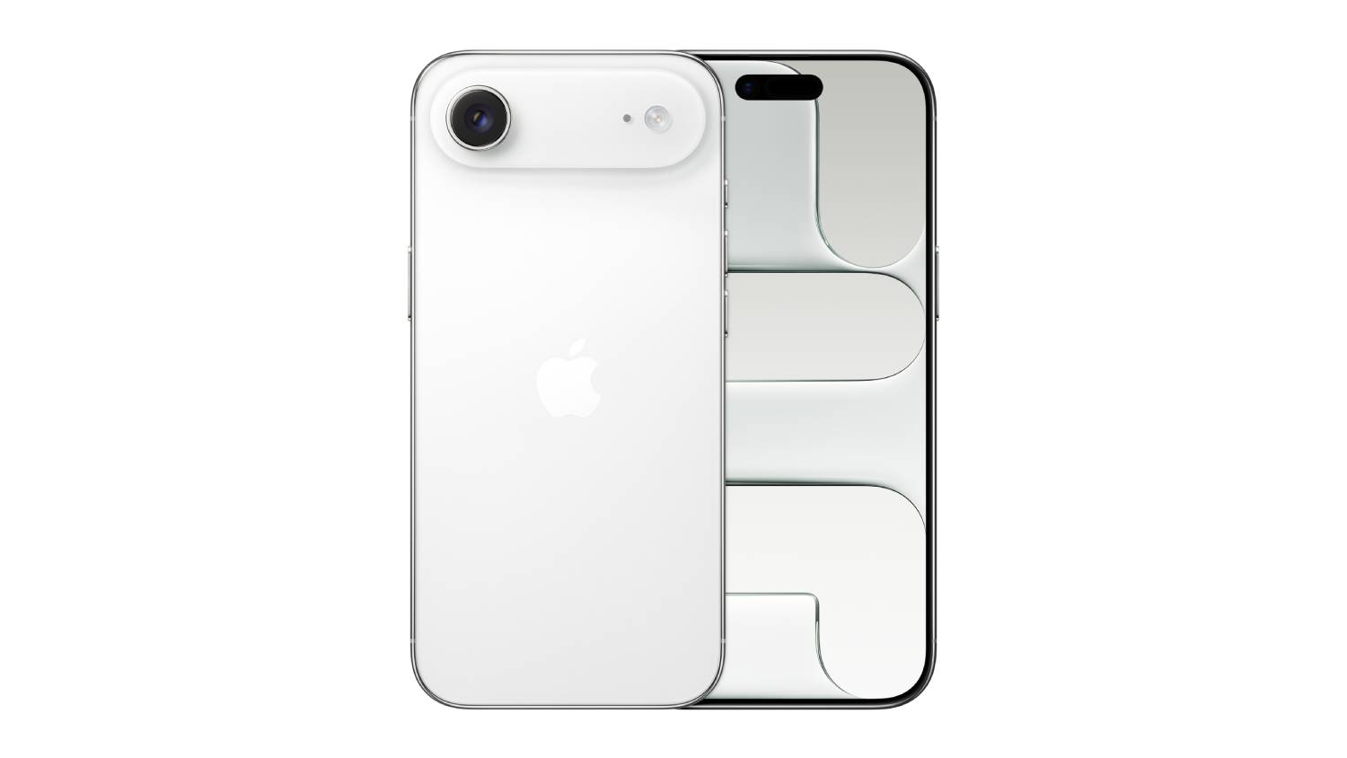 A front and back view of the Cloud White iPhone 17 Air unit, showing the screen and single rear camera